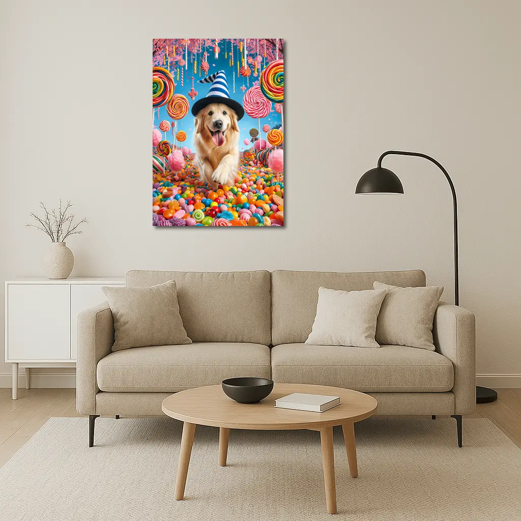 Golden Retriever Running Through Colorful Candy Land – Wall Art