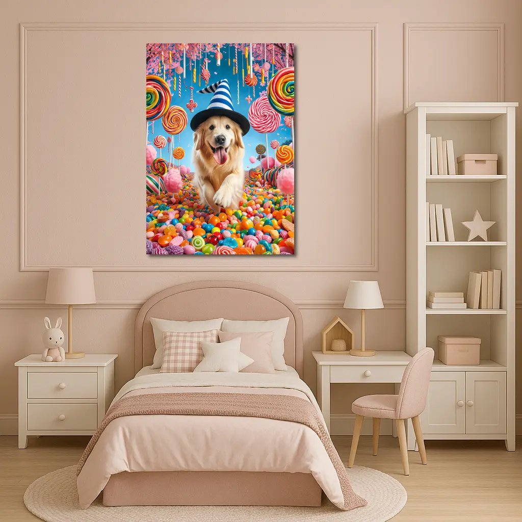 Golden Retriever Running Through Colorful Candy Land – Wall Art