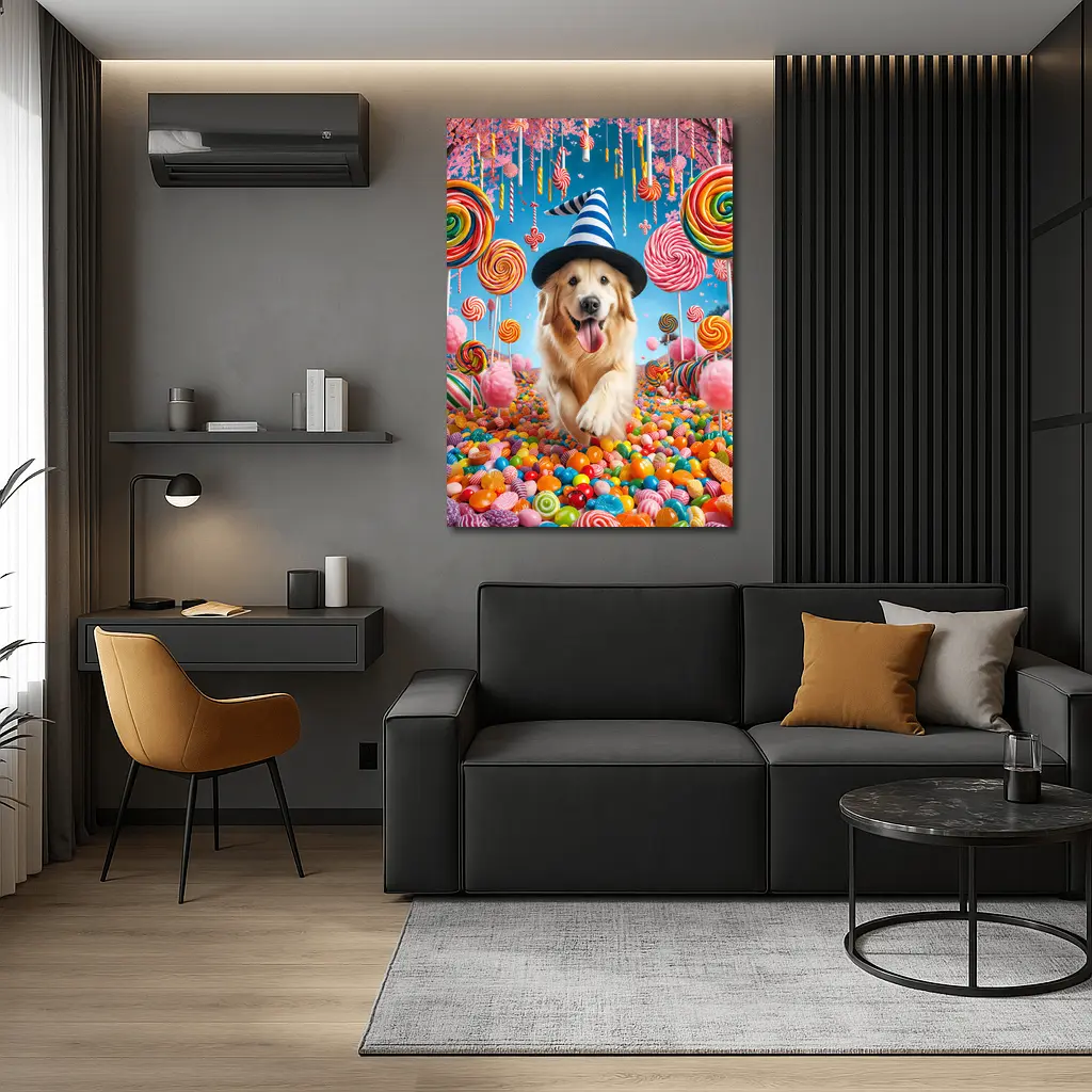Golden Retriever Running Through Colorful Candy Land – Wall Art