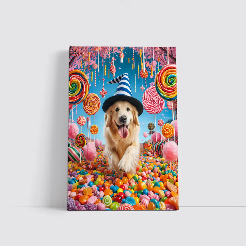 Golden Retriever Running Through Colorful Candy Land – Wall Art