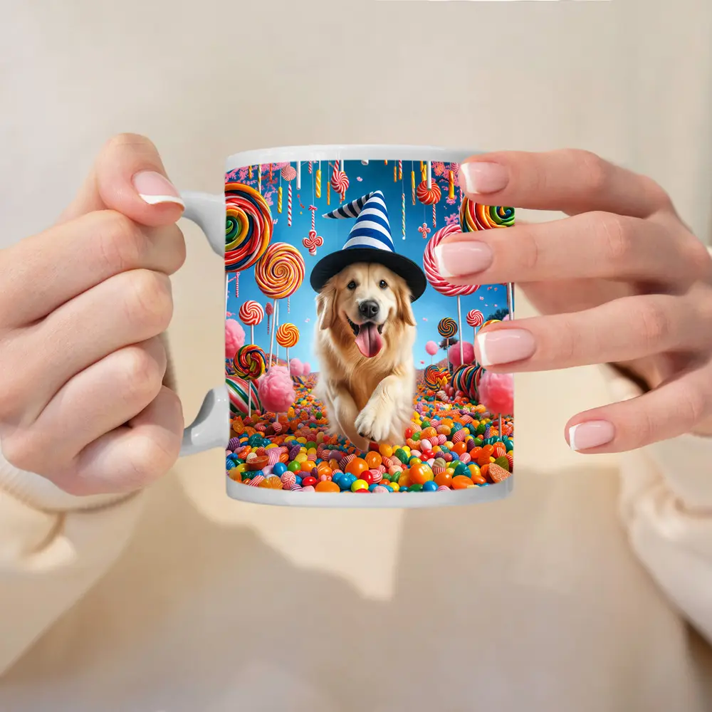 Golden Retriever Running Through Colorful Candy Land – Mugs