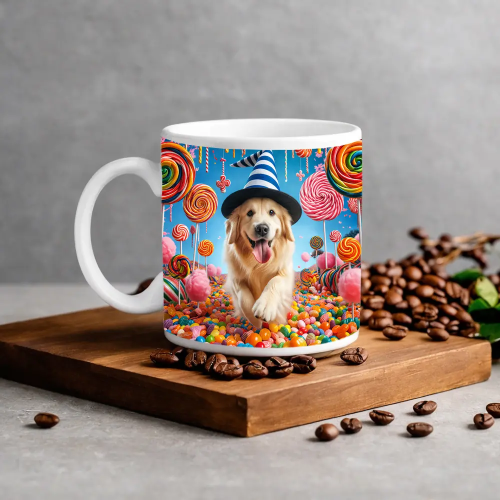 Golden Retriever Running Through Colorful Candy Land – Mugs