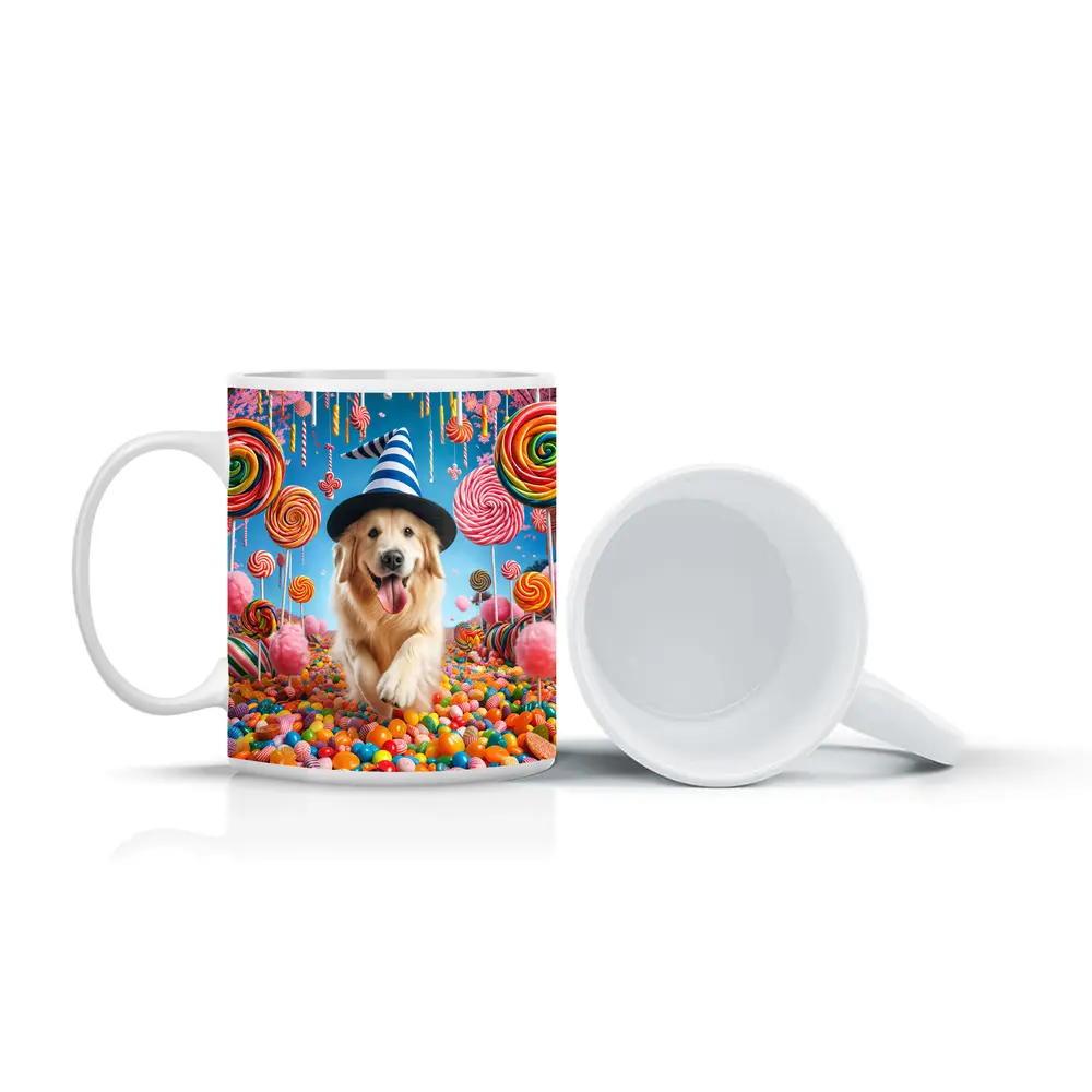 Golden Retriever Running Through Colorful Candy Land – Mugs