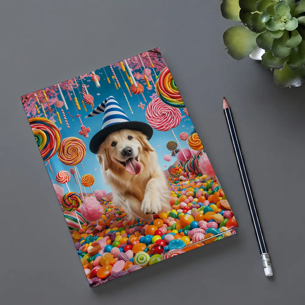Golden Retriever Running Through Colorful Candy Land – Notebooks
