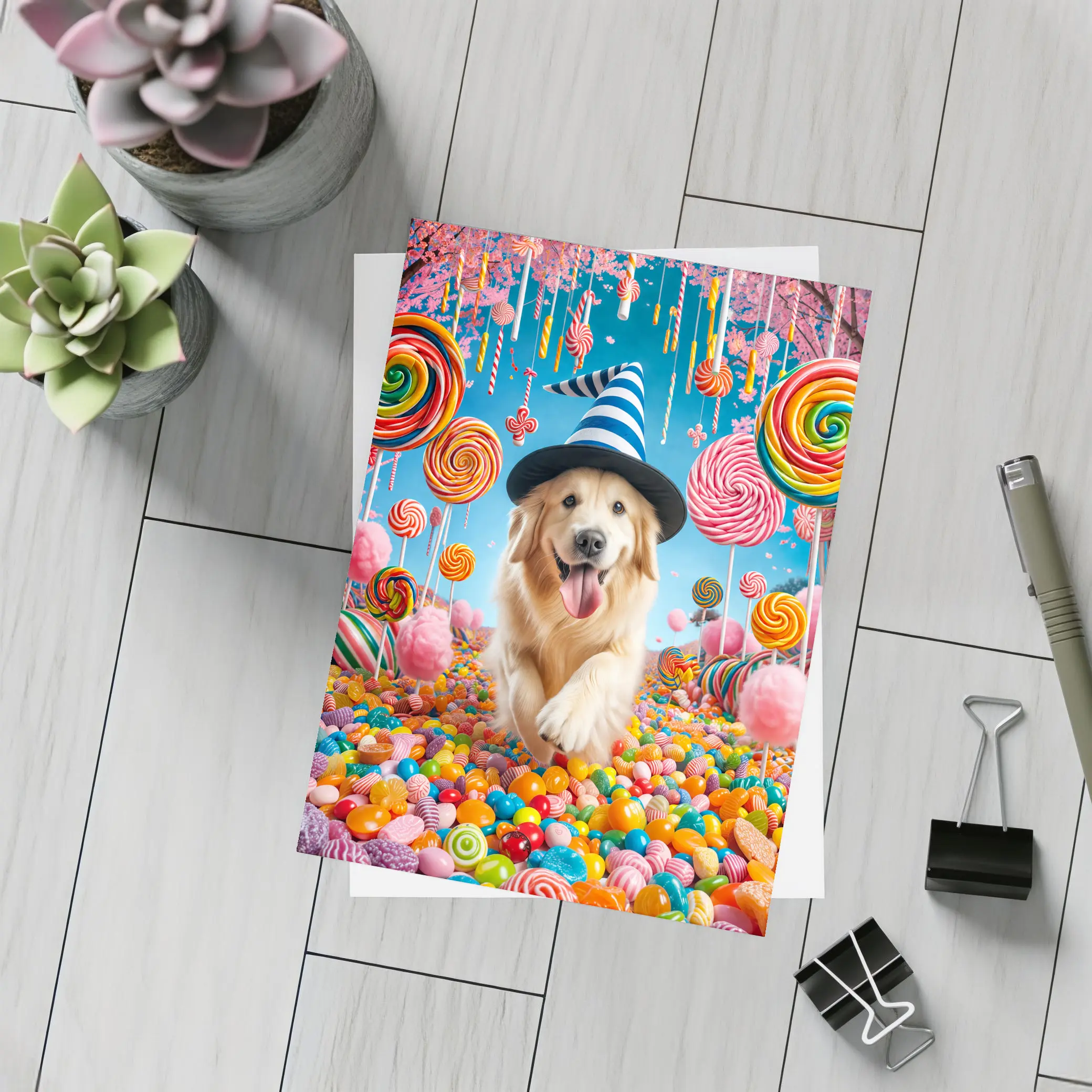 Golden Retriever Running Through Colorful Candy Land – Postcards