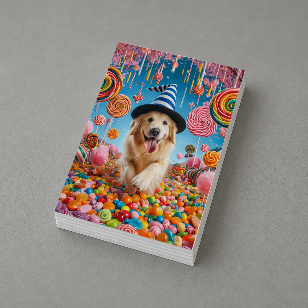 Golden Retriever Running Through Colorful Candy Land – Postcards