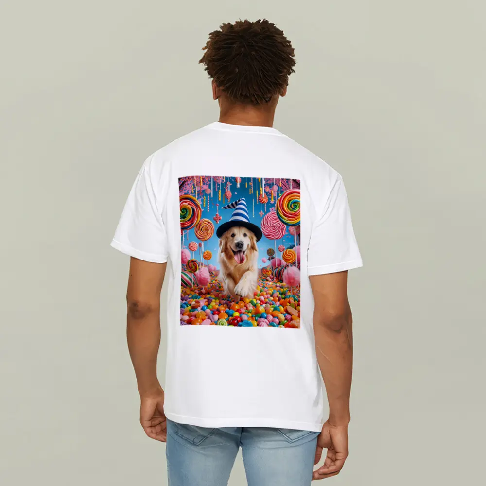 Golden Retriever Running Through Colorful Candy Land – T-Shirts