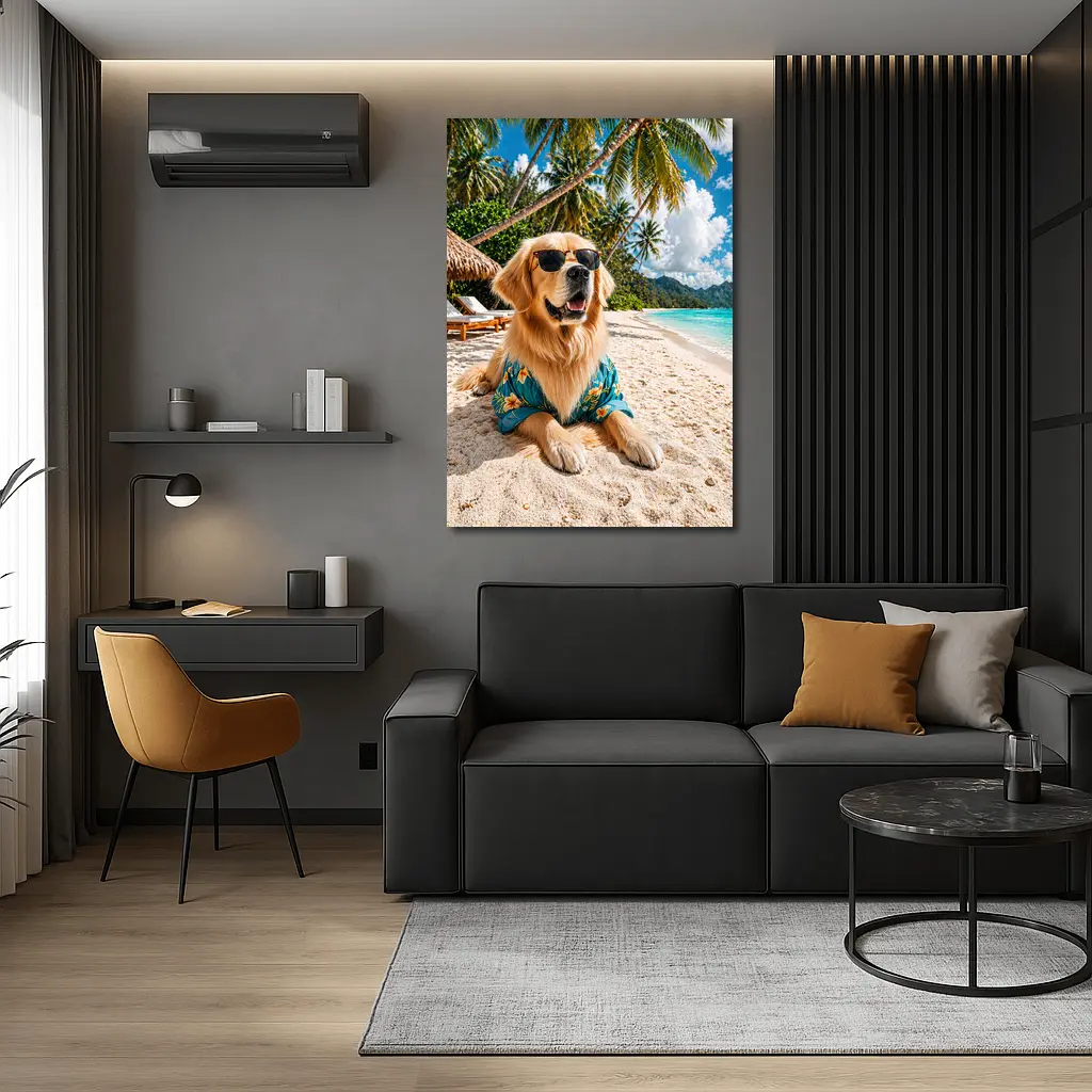 Golden Retriever Relaxing on Tropical Beach – Wall Art