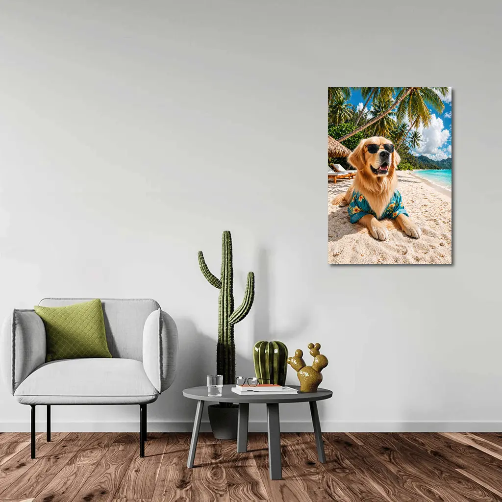 Golden Retriever Relaxing on Tropical Beach – Wall Art