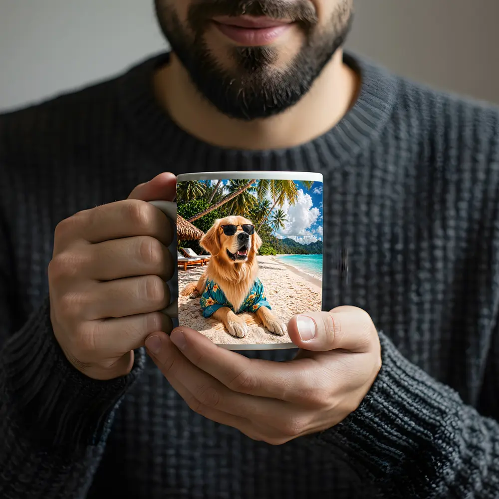 Golden Retriever Relaxing on Tropical Beach – Mugs
