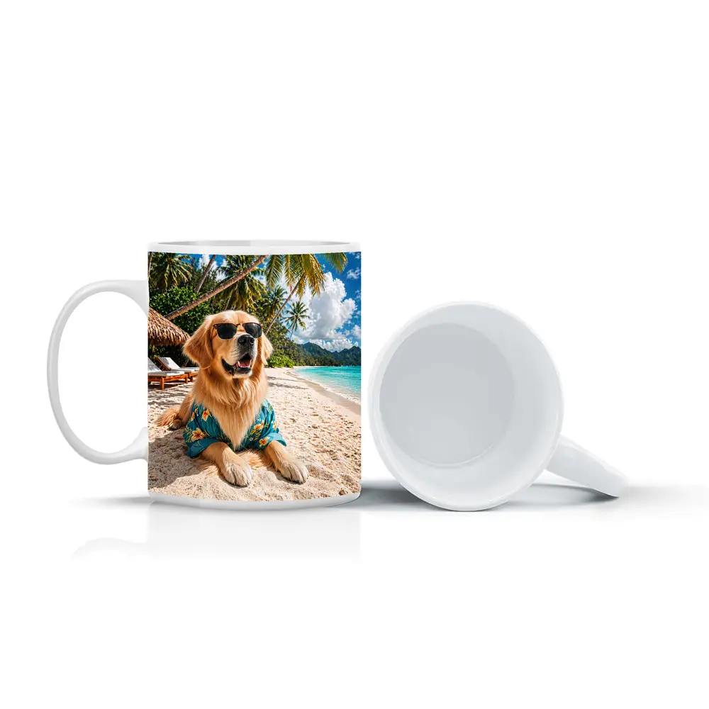 Golden Retriever Relaxing on Tropical Beach – Mugs