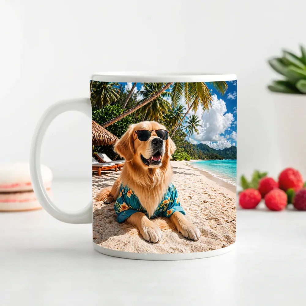Golden Retriever Relaxing on Tropical Beach – Mugs