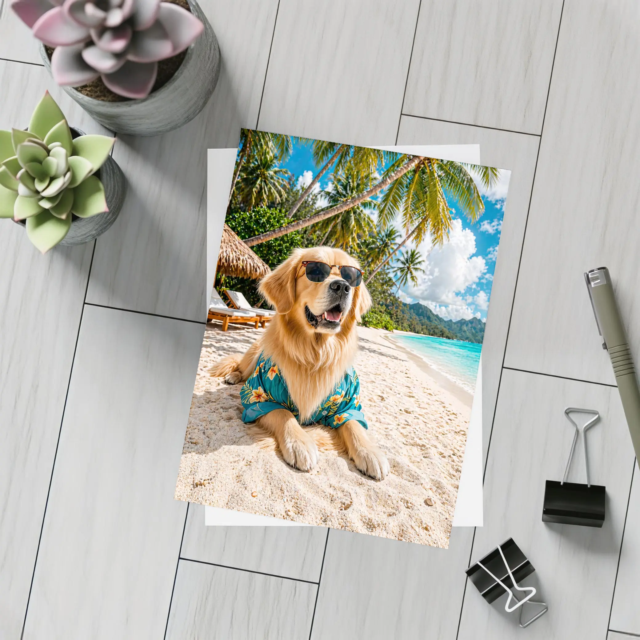 Golden Retriever Relaxing on Tropical Beach – Postcards