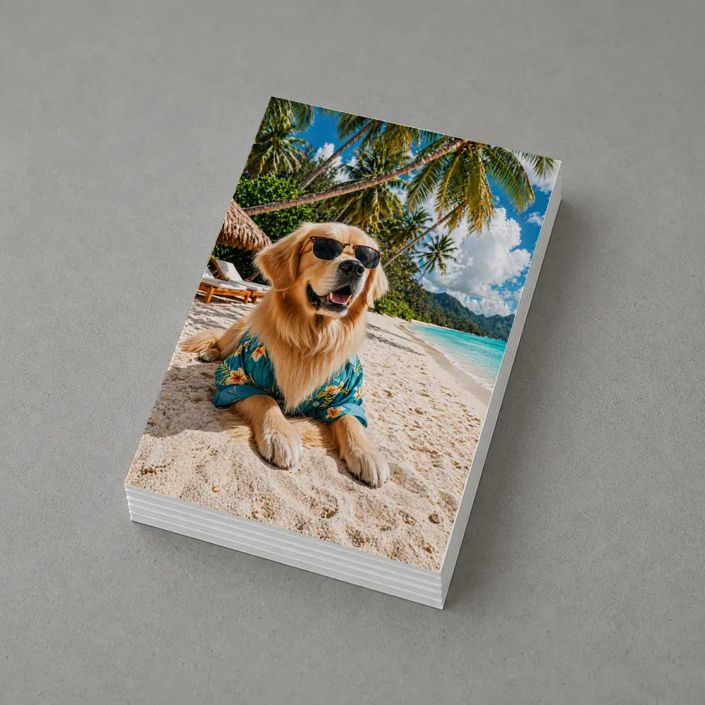 Golden Retriever Relaxing on Tropical Beach – Postcards