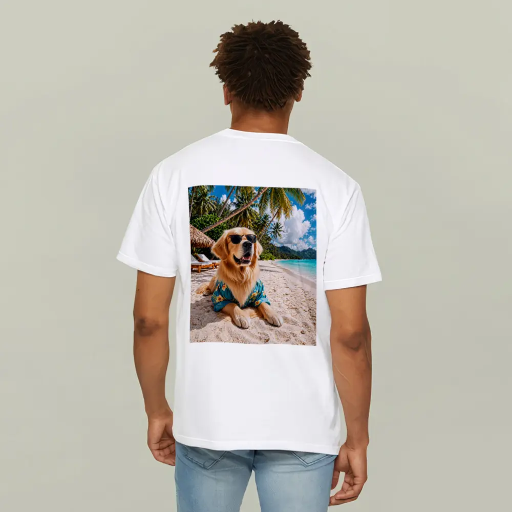 Golden Retriever Relaxing on Tropical Beach – T-Shirts