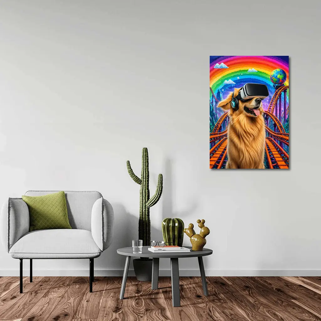 Golden Retriever Dog VR Headset Rainbow Rollercoaster – Wall Art