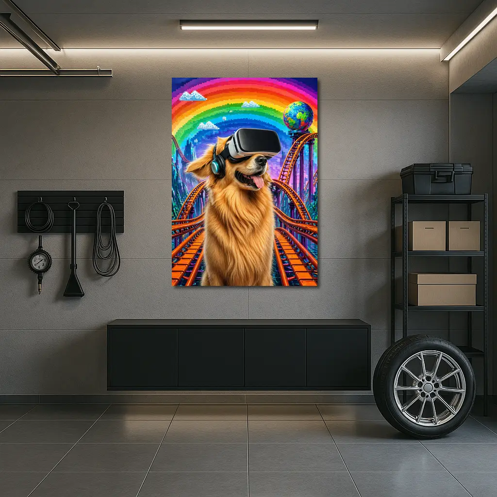 Golden Retriever Dog VR Headset Rainbow Rollercoaster – Wall Art