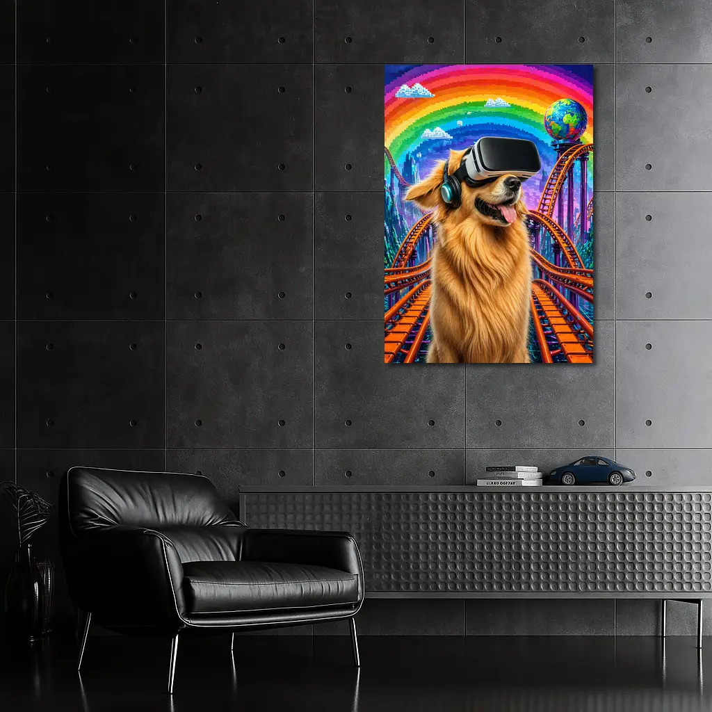Golden Retriever Dog VR Headset Rainbow Rollercoaster – Wall Art