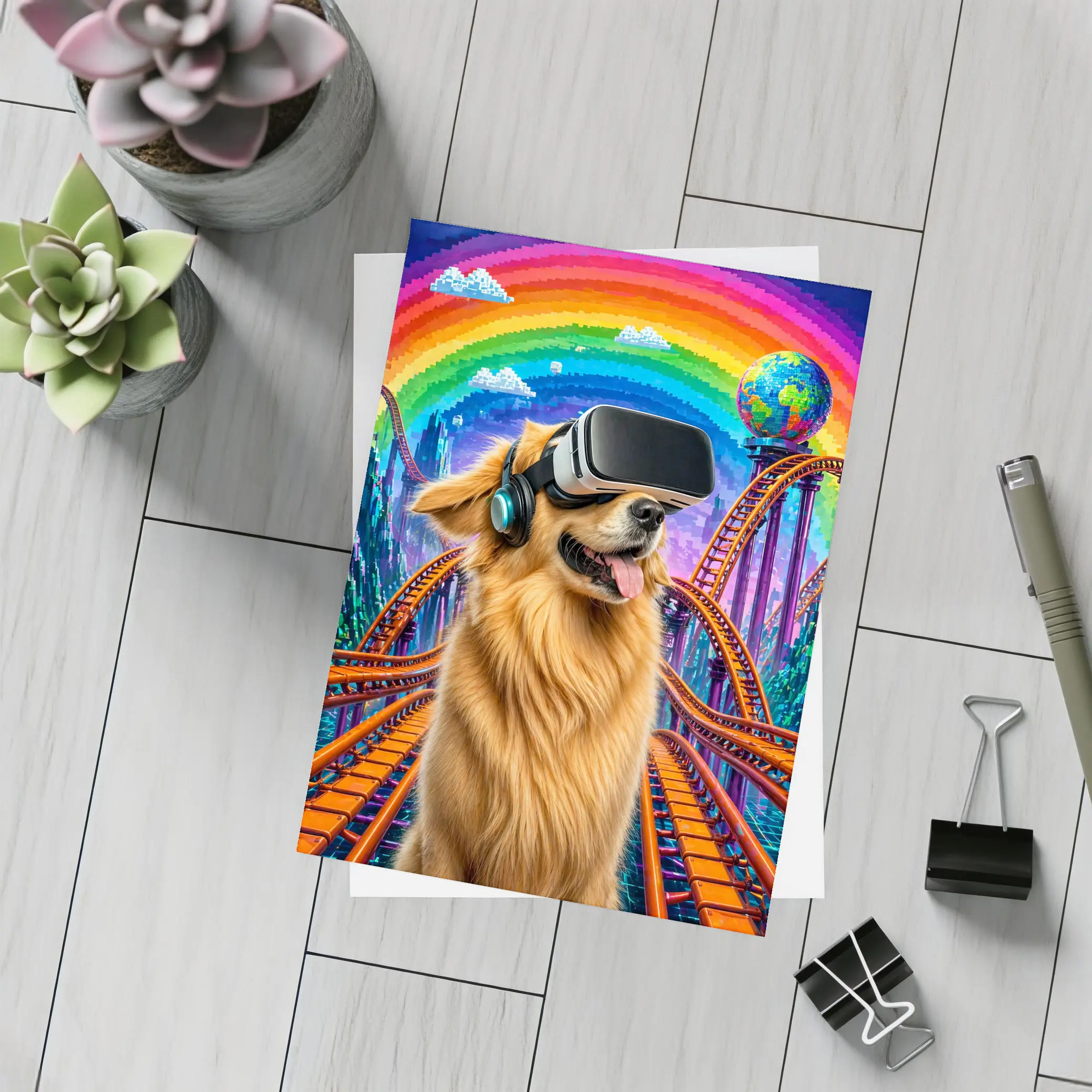 Golden Retriever Dog VR Headset Rainbow Rollercoaster – Postcards