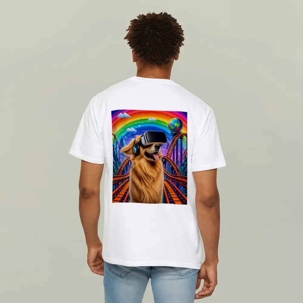 Golden Retriever Dog VR Headset Rainbow Rollercoaster – T-Shirts