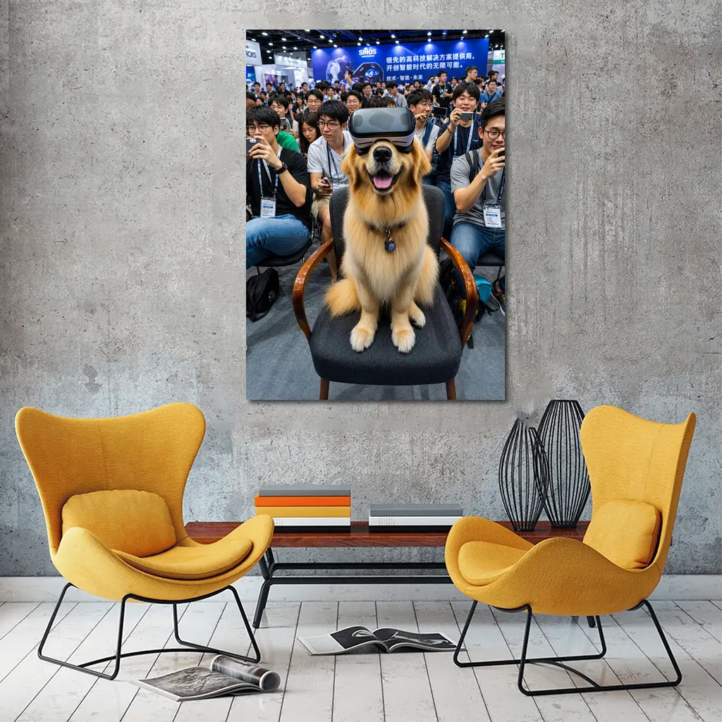 Golden Retriever Wearing VR Headset Tech Expo – Wall Art