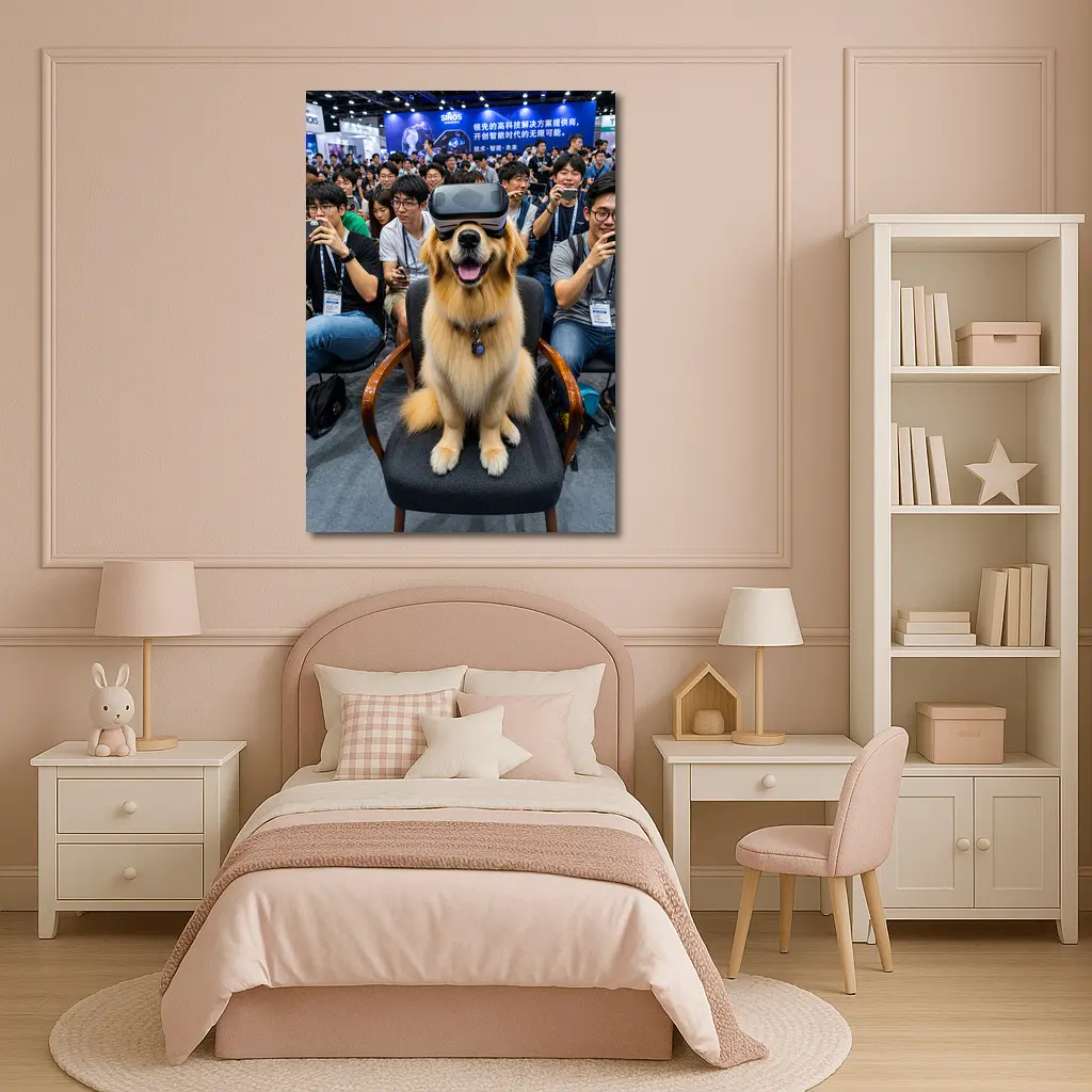 Golden Retriever Wearing VR Headset Tech Expo – Wall Art