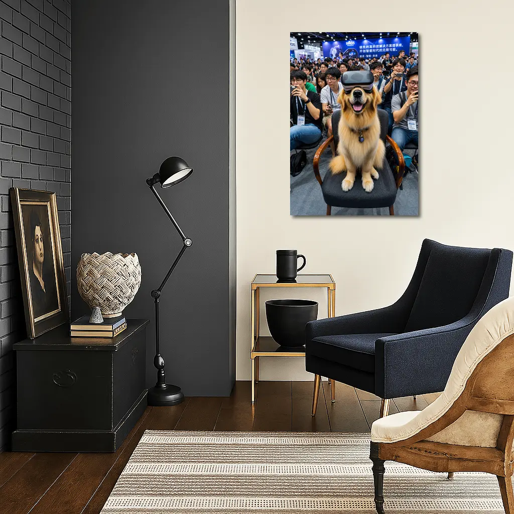 Golden Retriever Wearing VR Headset Tech Expo – Wall Art
