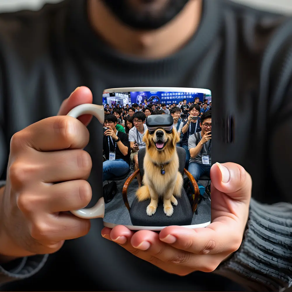 Golden Retriever Wearing VR Headset Tech Expo – Mugs