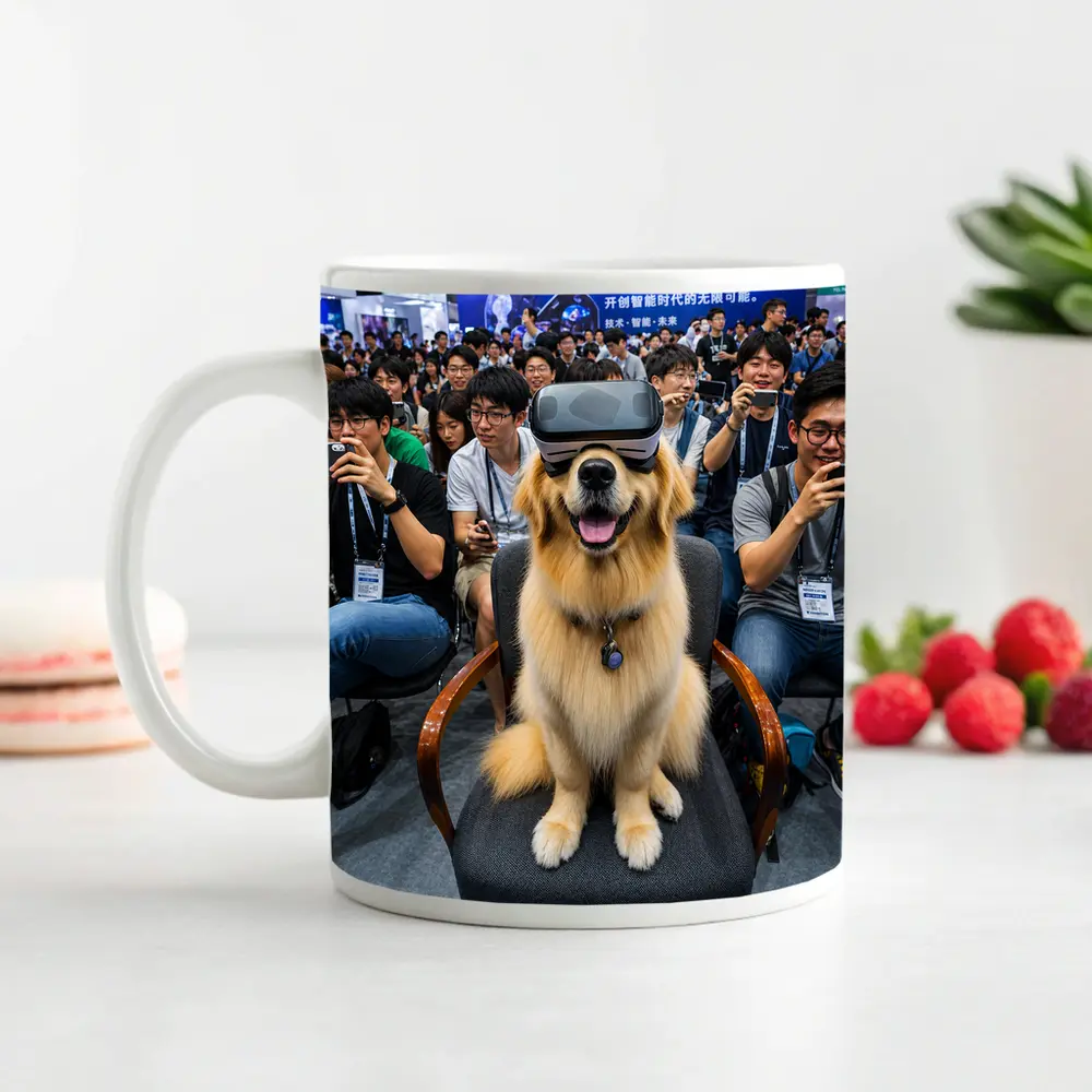 Golden Retriever Wearing VR Headset Tech Expo – Mugs