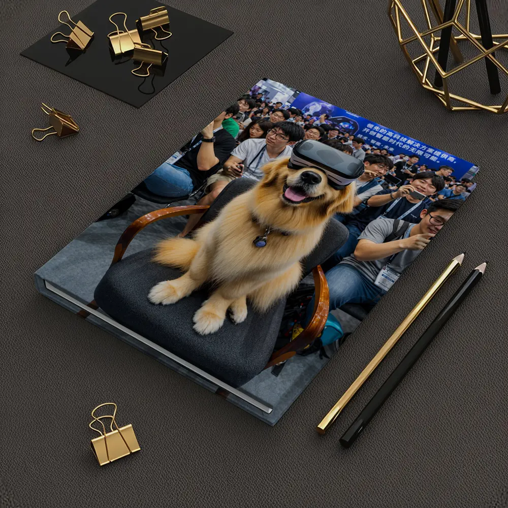 Golden Retriever Wearing VR Headset Tech Expo – Notebooks