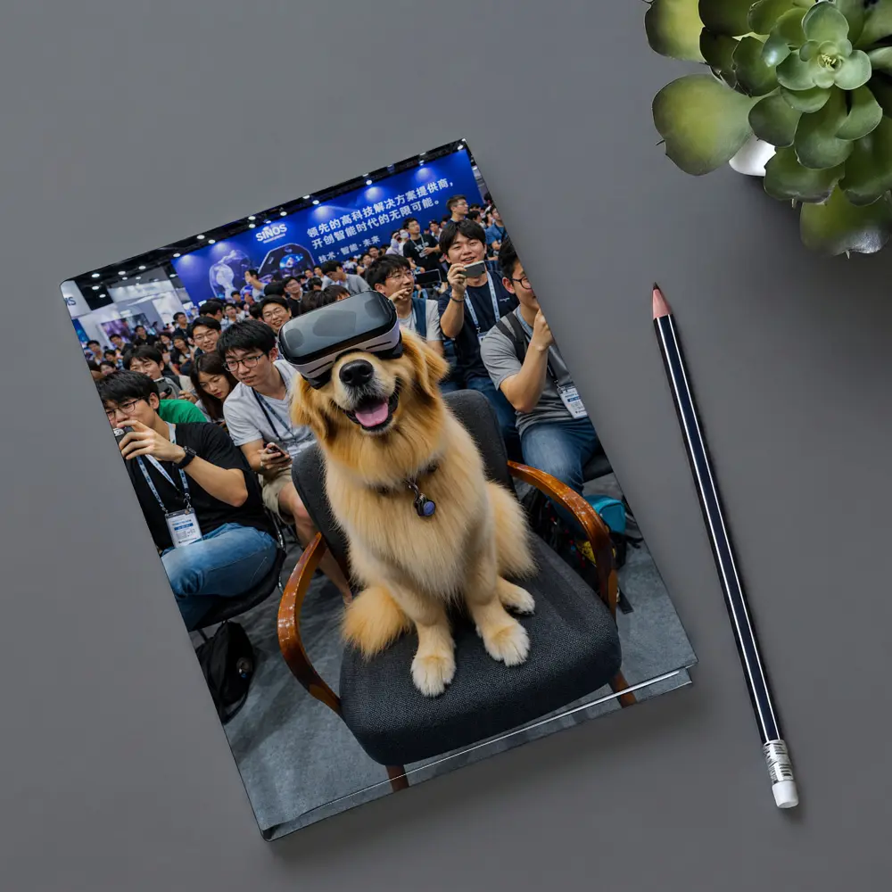 Golden Retriever Wearing VR Headset Tech Expo – Notebooks
