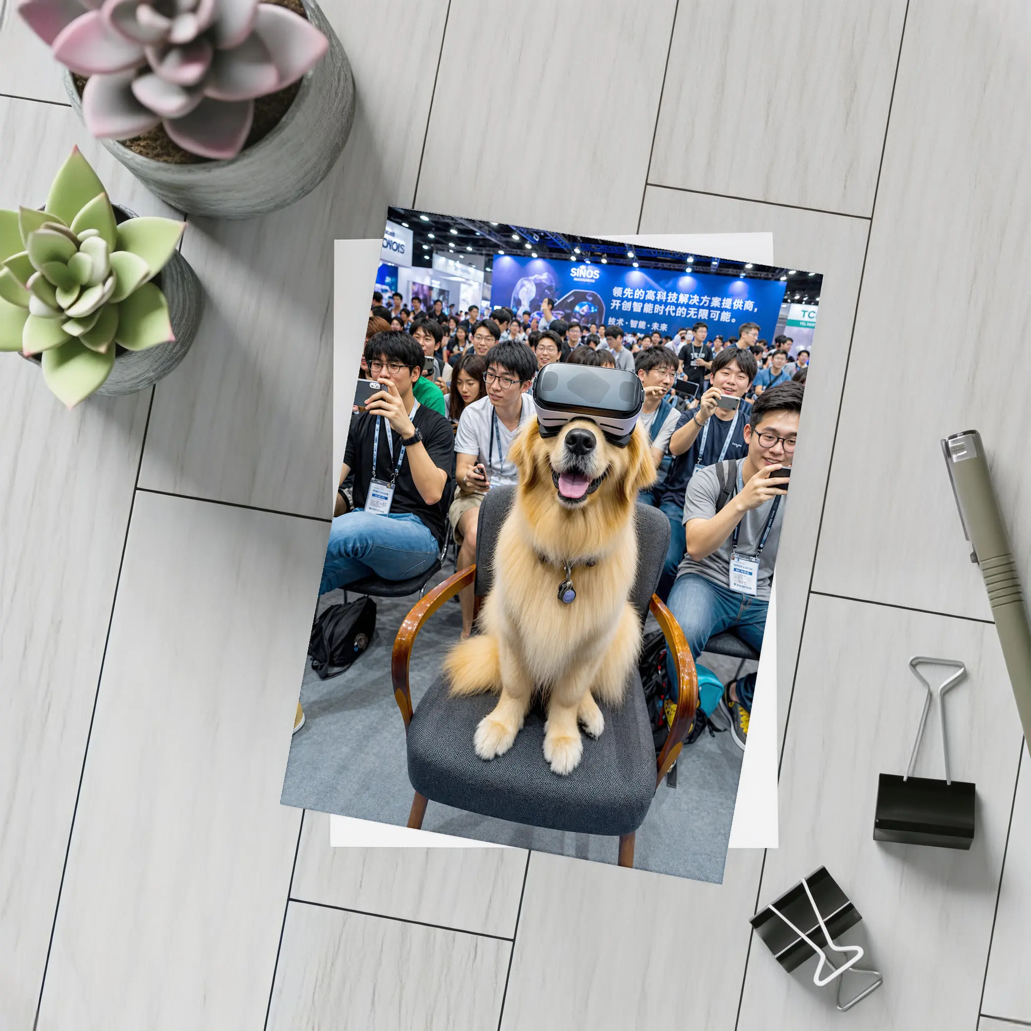 Golden Retriever Wearing VR Headset Tech Expo – Postcards