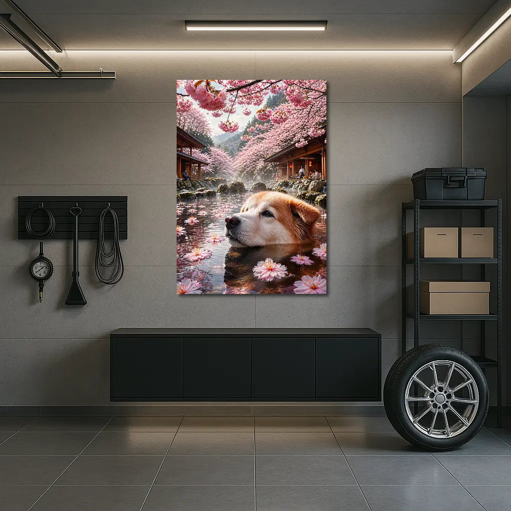 Akita Dog Relaxing Cherry Blossom Hot Spring – Wall Art
