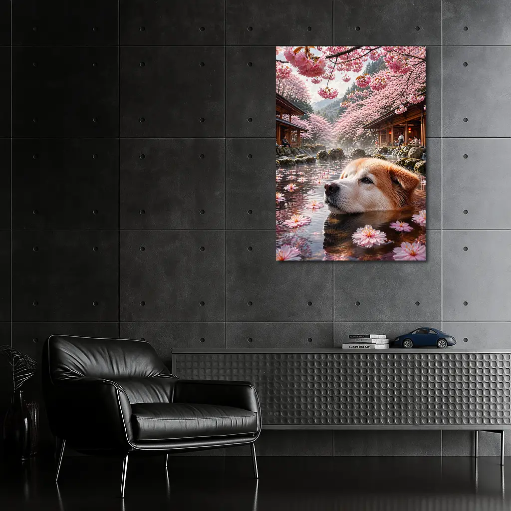 Akita Dog Relaxing Cherry Blossom Hot Spring – Wall Art