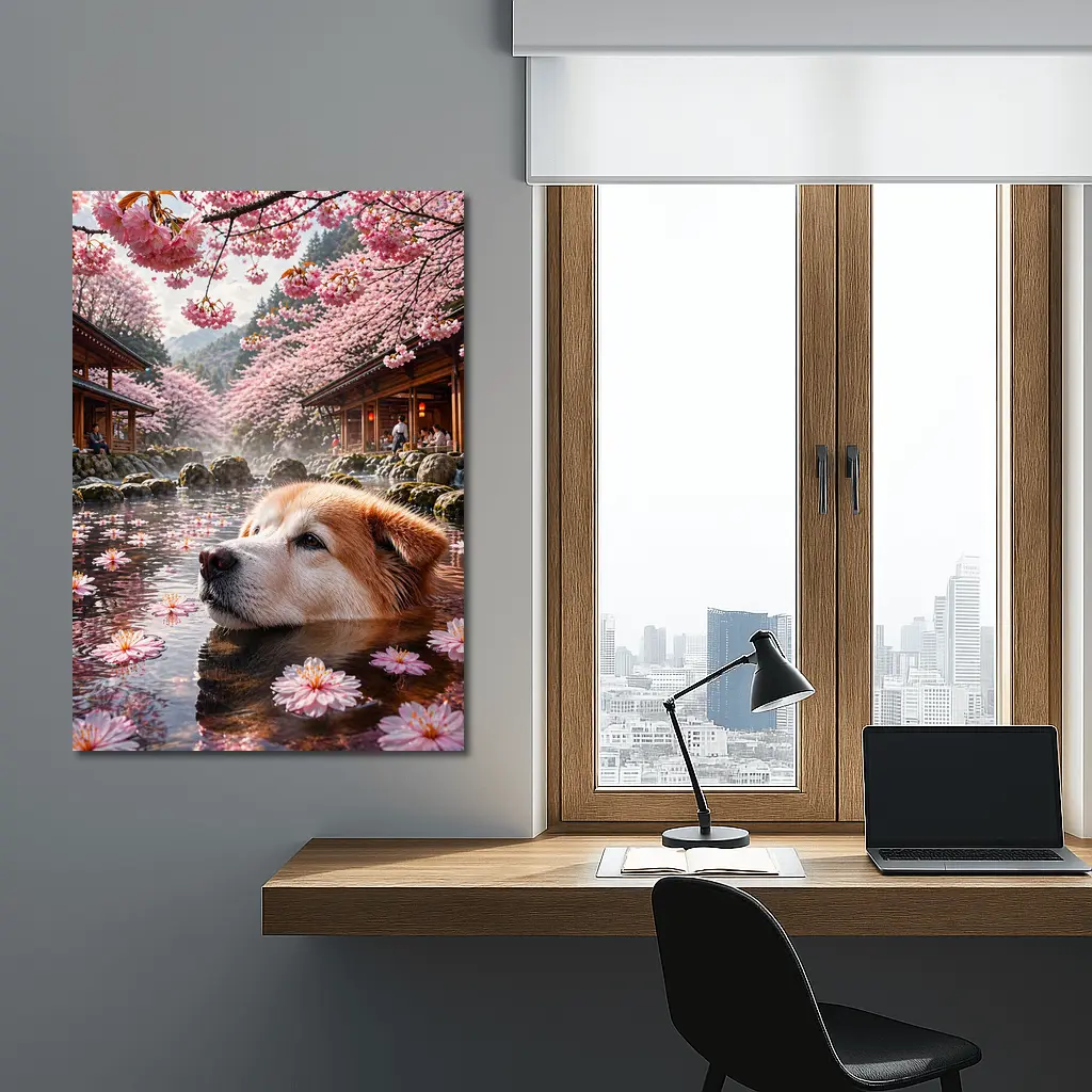 Akita Dog Relaxing Cherry Blossom Hot Spring – Wall Art