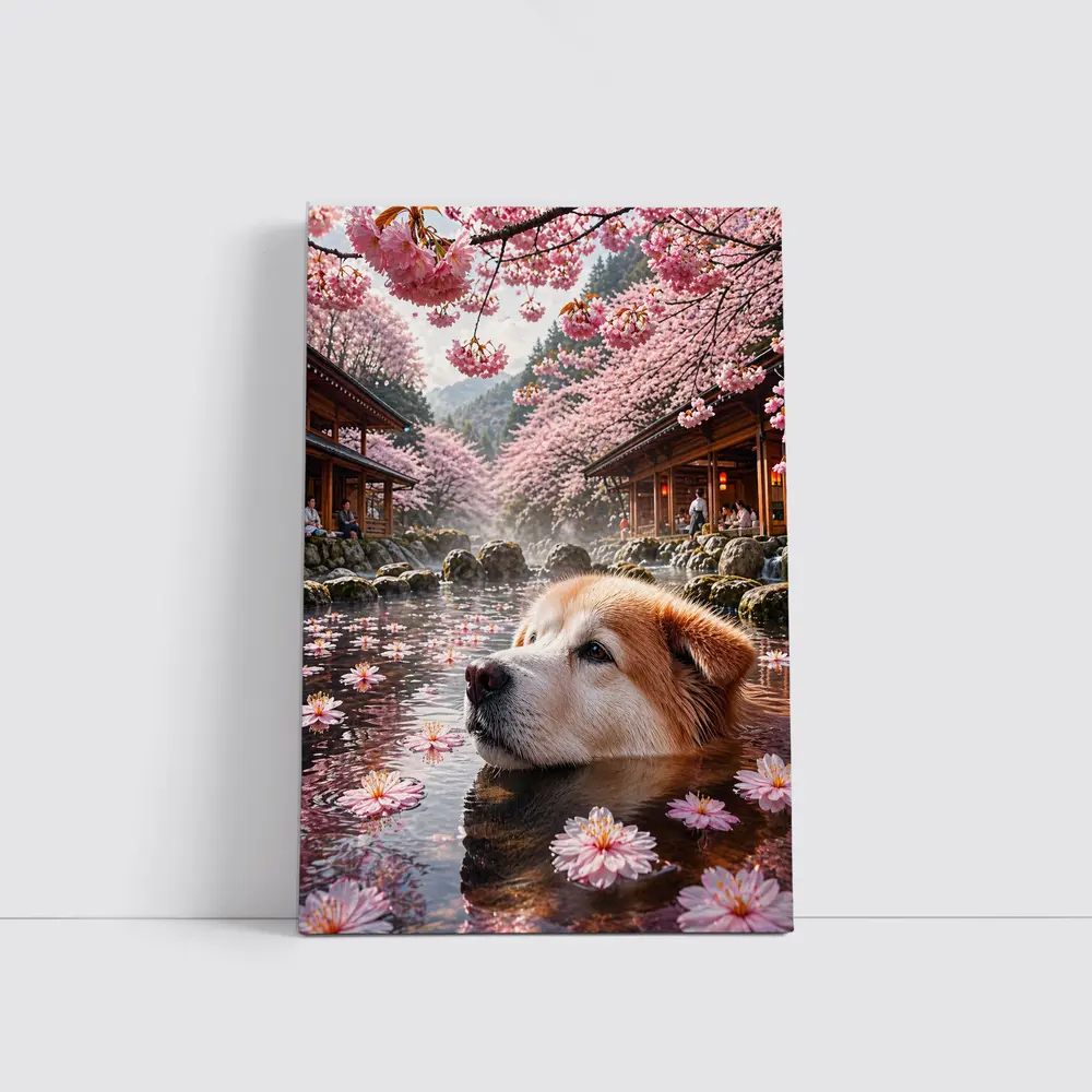 Akita Dog Relaxing Cherry Blossom Hot Spring – Wall Art