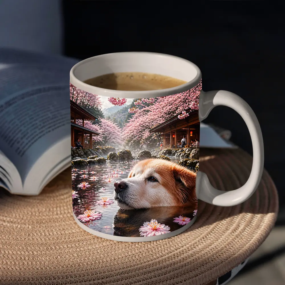 Akita Dog Relaxing Cherry Blossom Hot Spring – Mugs