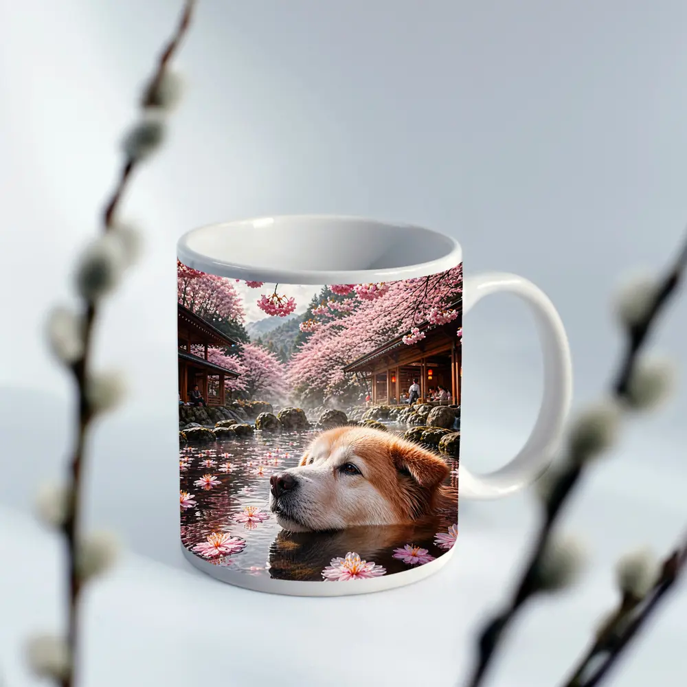 Akita Dog Relaxing Cherry Blossom Hot Spring – Mugs