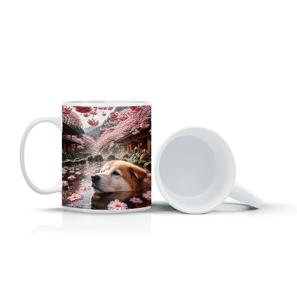 Akita Dog Relaxing Cherry Blossom Hot Spring – Mugs