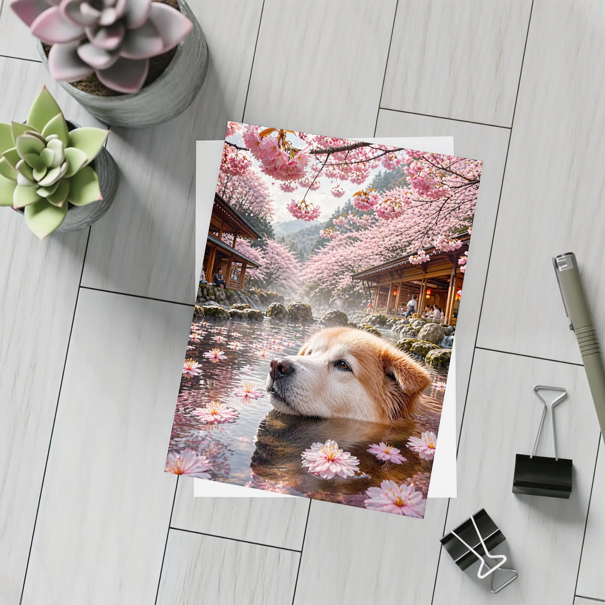Akita Dog Relaxing Cherry Blossom Hot Spring – Postcards