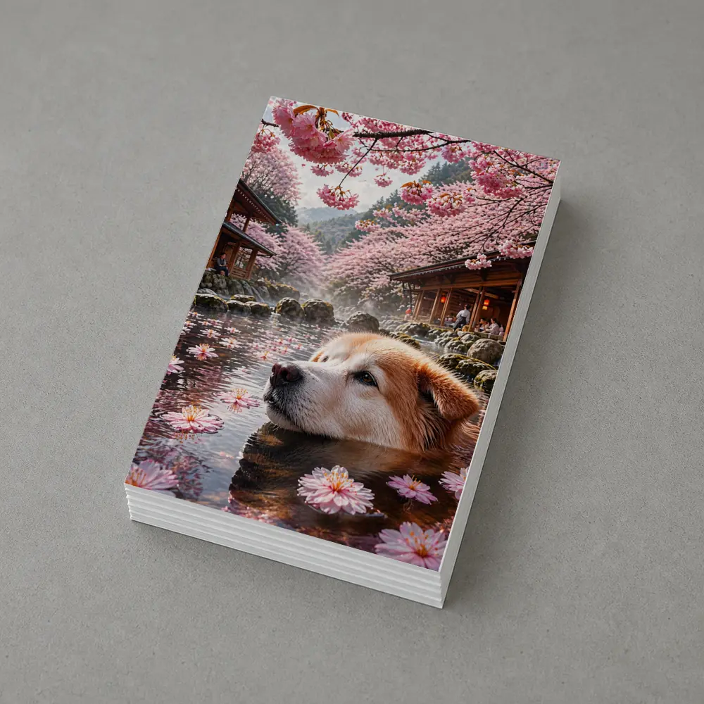 Akita Dog Relaxing Cherry Blossom Hot Spring – Postcards