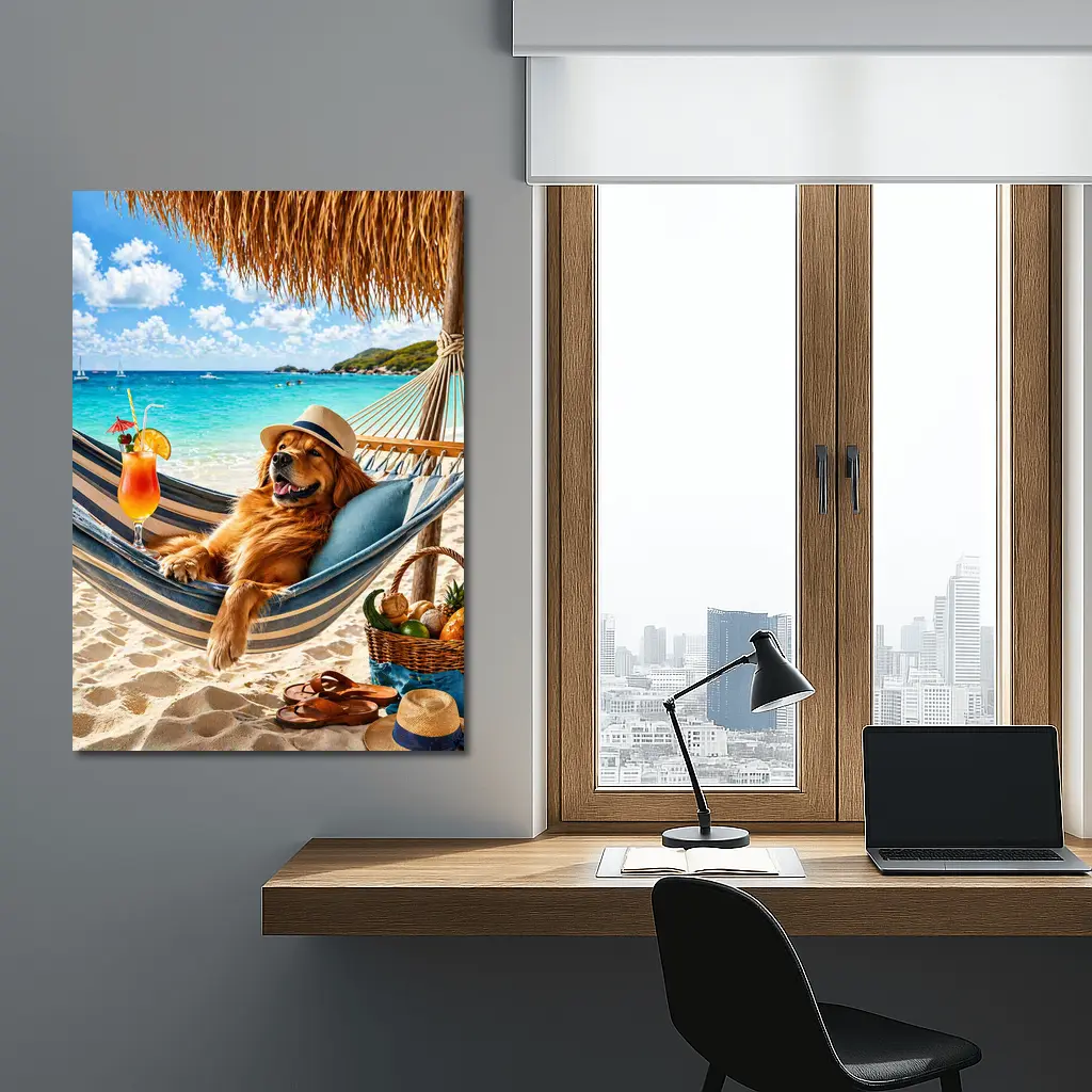 Golden Retriever Relaxing On Tropical Beach Hammock – Wall Art