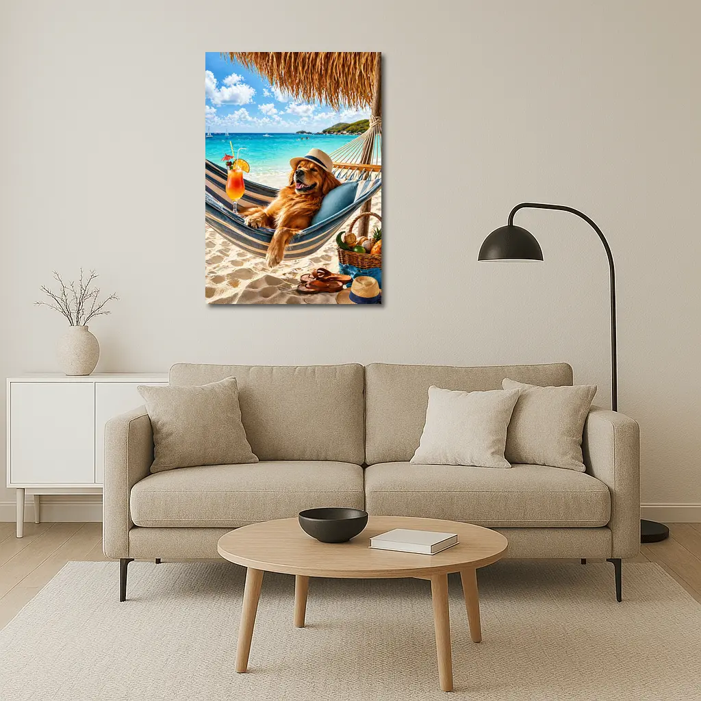 Golden Retriever Relaxing On Tropical Beach Hammock – Wall Art