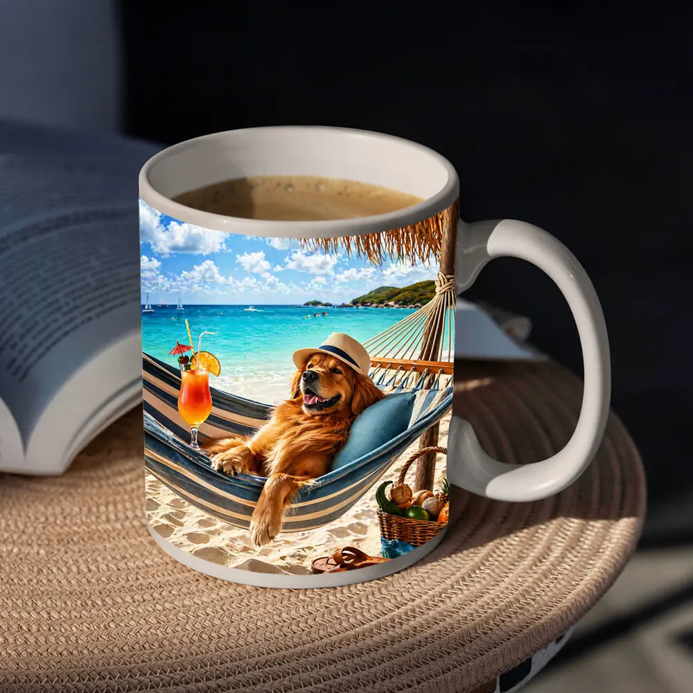 Golden Retriever Relaxing On Tropical Beach Hammock – Mugs