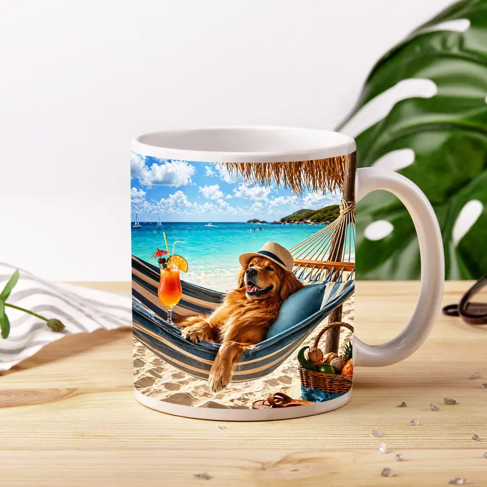 Golden Retriever Relaxing On Tropical Beach Hammock – Mugs