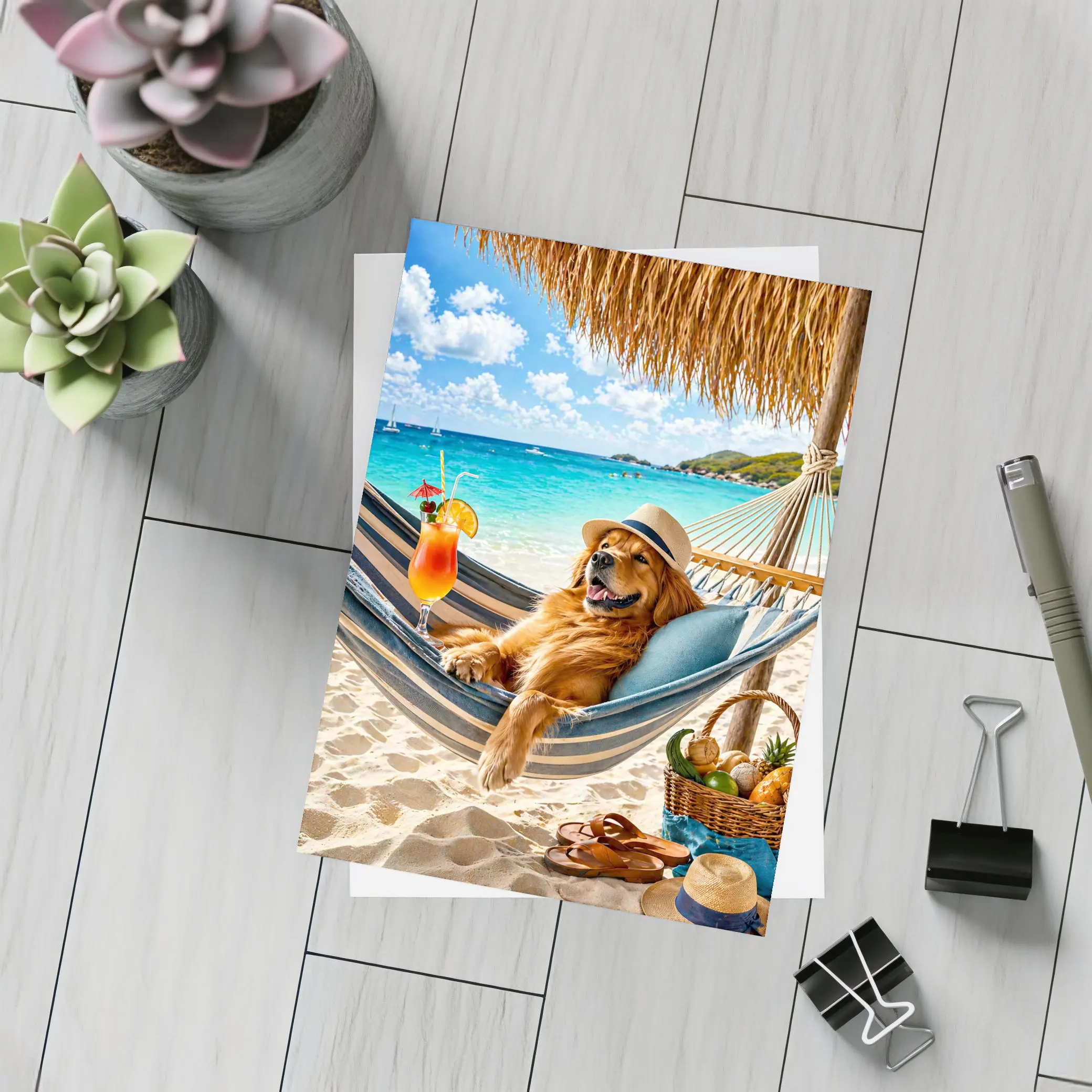 Golden Retriever Relaxing On Tropical Beach Hammock – Postcards