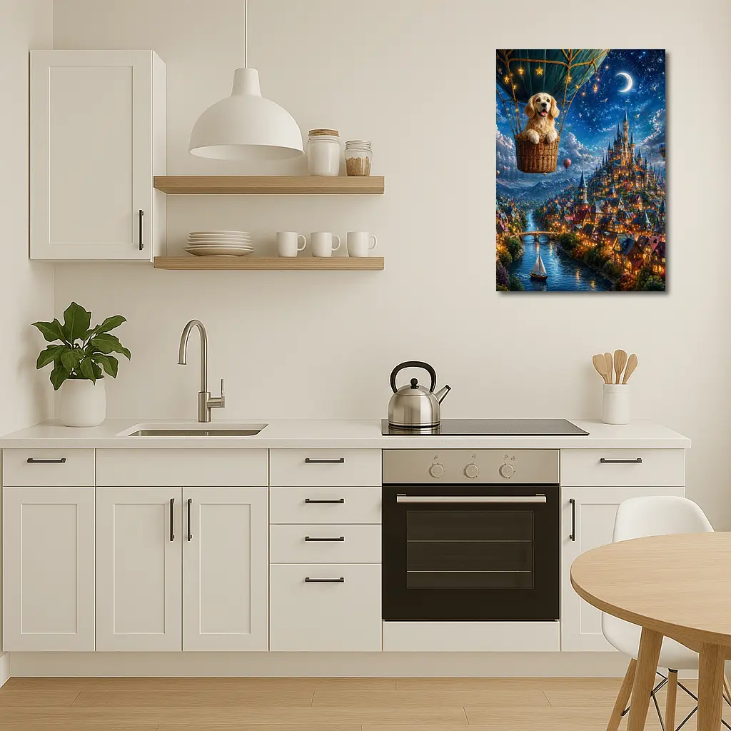 Golden Retriever Hot Air Balloon Fantasy Town – Wall Art