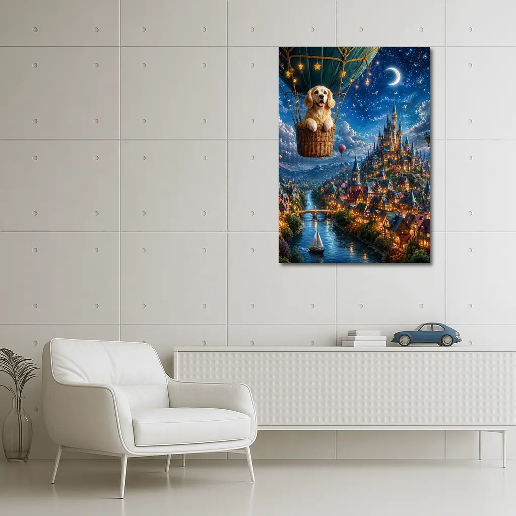 Golden Retriever Hot Air Balloon Fantasy Town – Wall Art
