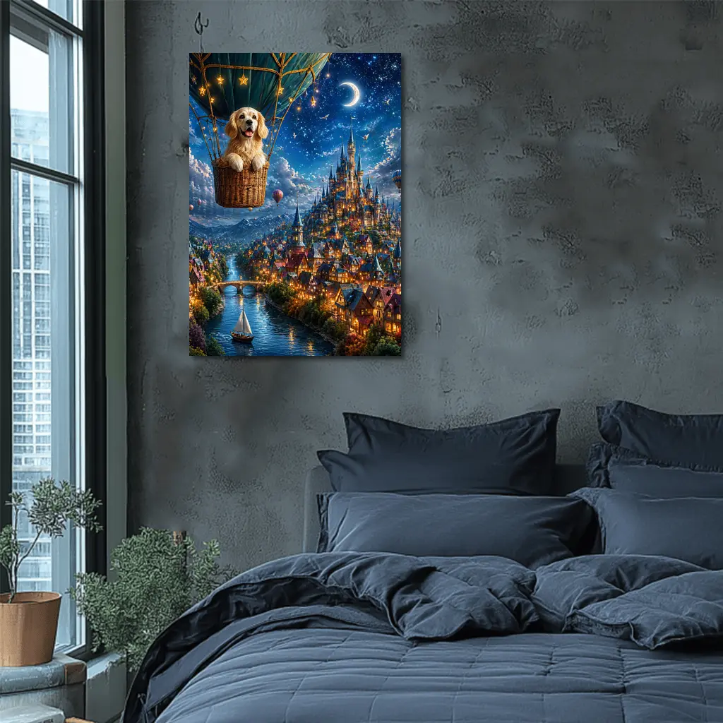 Golden Retriever Hot Air Balloon Fantasy Town – Wall Art