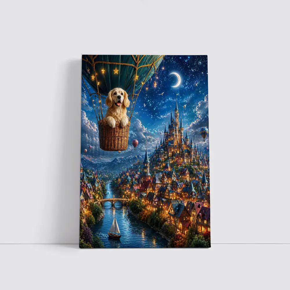 Golden Retriever Hot Air Balloon Fantasy Town – Wall Art